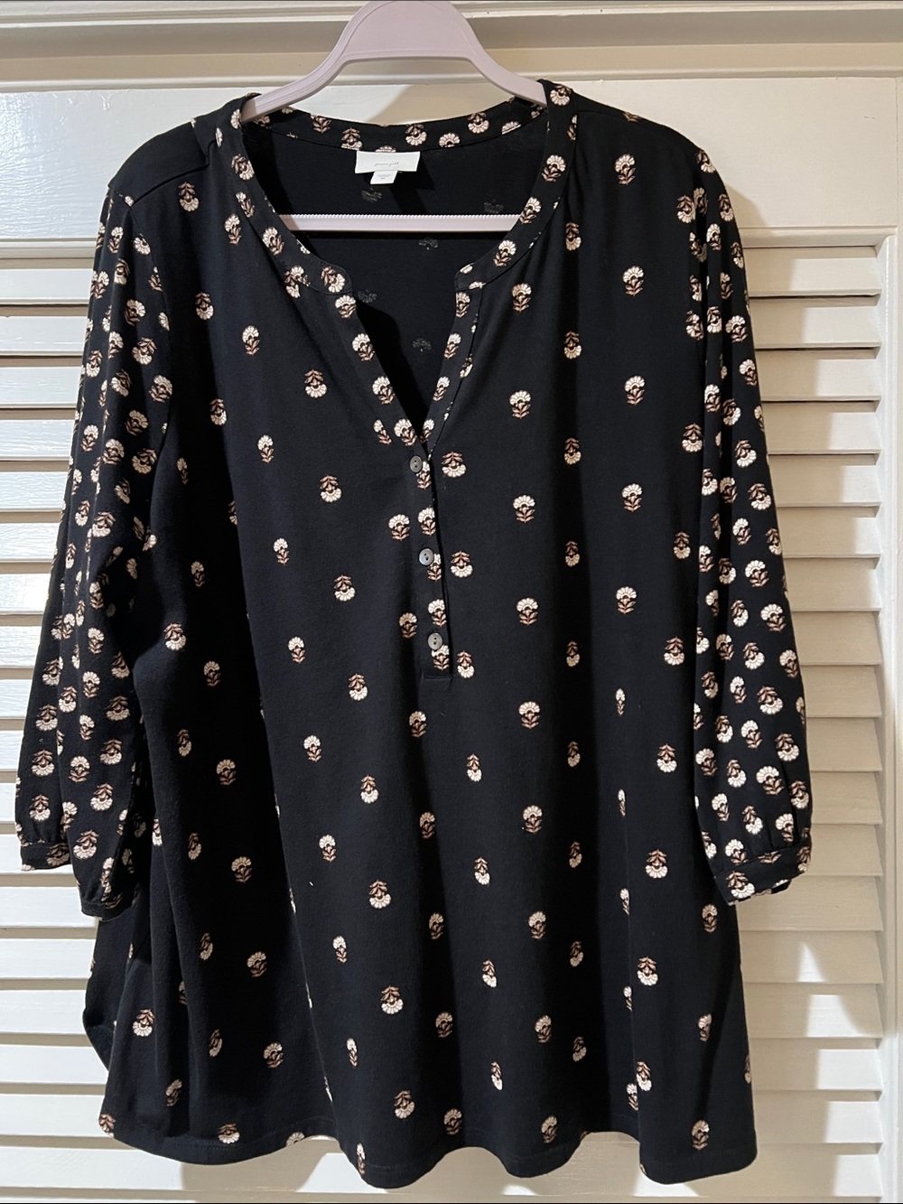 Women's Black Floral Button Henley Top